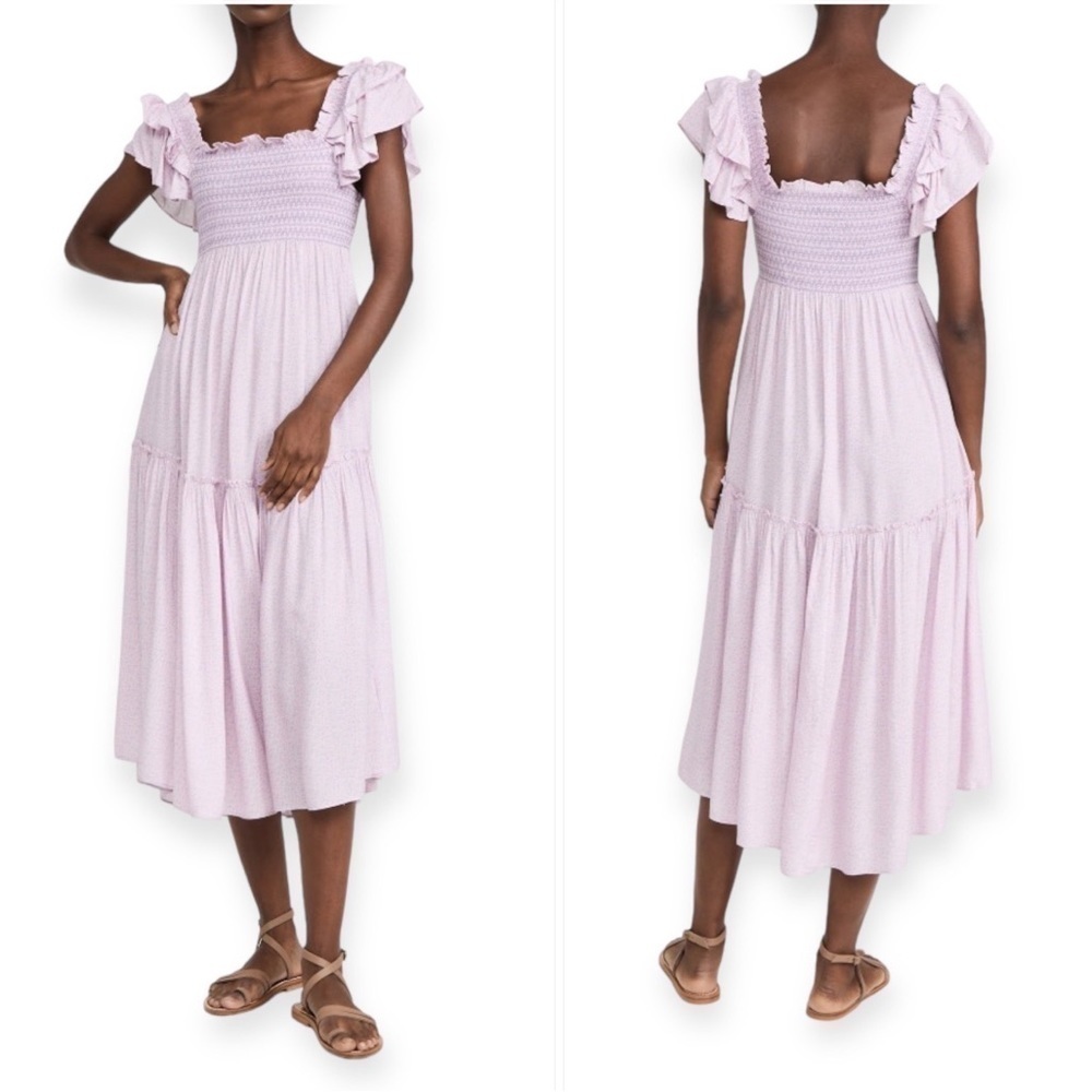 LoveShackFancy Burnley Floral Midi Dress in Purple Pansy, Size‎ S